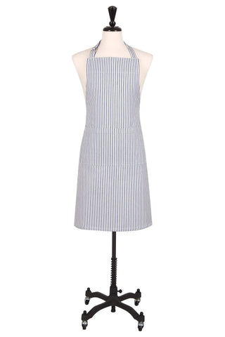 Metro stripe adjustable chef's apron in navy and white on a dress-form display