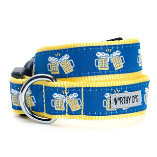 Dog collar with blue nylon and yellow trim featuring beer mug print, small