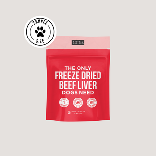 Freeze-dried beef liver dog treats in red pouch, sample-size bag