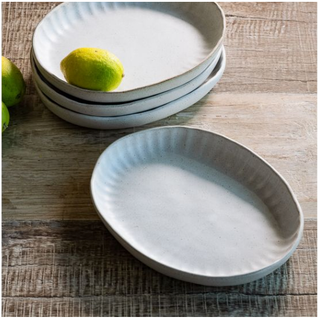 Rounded white ceramic platters, set of 4, with ridged rims