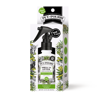 Smell Ya Litter Purrfectly Bamboo Odor Refresher spray bottle with green bamboo artwork.