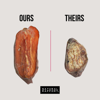 The Only Dehydrated Sweet Potato Chews Dogs Need, orange ours vs brown theirs in a side-by-side comparison