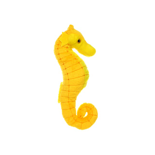 Seahorse plush dog toy, yellow, squeaky, soft fabric