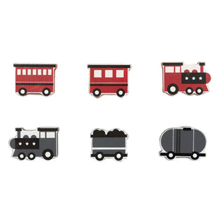 2x2 inch wooden train shapes set, six pieces in red and black.