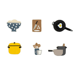 Cooking wood shape set of 6 (2x2 in) featuring knife tile, frying pan with egg, and polka-dot bowl