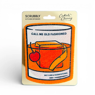 Cocktail Scrubbly Old Fashioned kitchen sponge with orange framed cocktail glass illustration on beige card