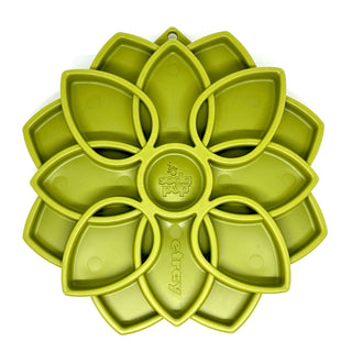 Dapper Mandala Design eTray enrichment tray for dogs in lime green silicone, flower-shaped.