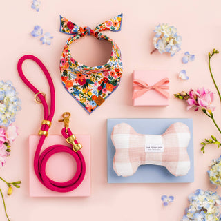 Dog bandana Garden Party floral print; pink leash and bone-shaped toy in a multi-item gift set