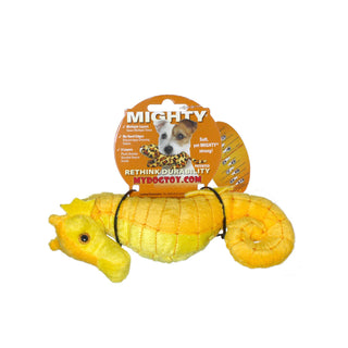 Mighty Jr Ocean Seahorse plush squeaky dog toy in bright yellow color