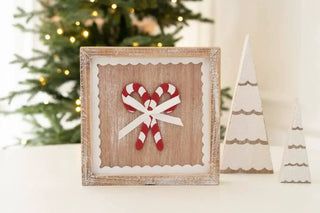 7x7 wood frame sign featuring candy cane heart with white ribbon bow and rustic finish; Christmas decor
