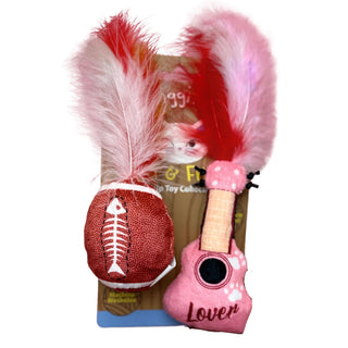 Kitty Eras Tour Dapper dog toys: red football plush with bone pattern and pink guitar plush with paw prints 2-pack