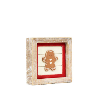 Wood frame sign 5x5 in with distressed white finish, red inner border, gingerbread figure decor for Christmas.