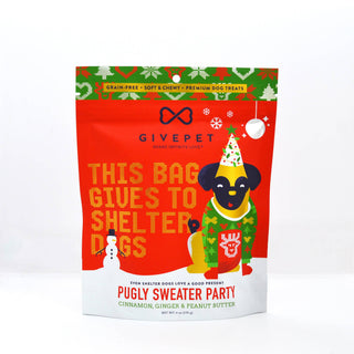Pugly Sweater Party dog treats in cinnamon & peanut butter, bright red packaging