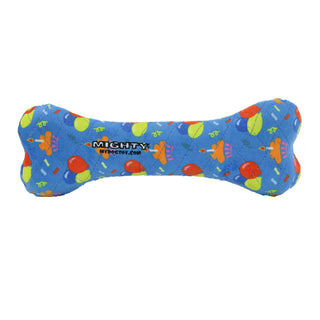 Mighty Bone dog toy, blue bone-shaped squeaky toy with colorful print, no stuffing