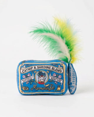 Meowwife Sardines Catnip Toy with Feathers, blue plush fabric and green-yellow feathers