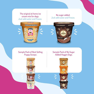 Puppy Scoops ice cream mix for dogs, orange tub, shown with Hoggin' Dogs Prime Rib flavor and stacked sample packs.