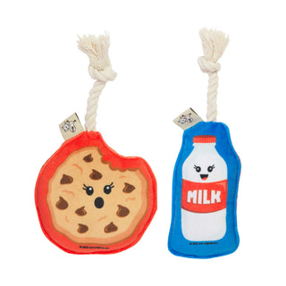 Mini dog toy set Cookie & Milk: red cookie plush and blue milk bottle plush with knotted rope handles, 2 toys