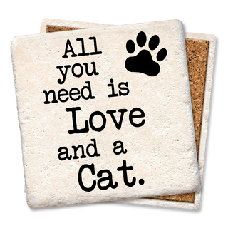 Two beige cat coasters with a paw print and the text All you need is Love and a Cat, cork-backed.