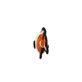 Fish-shaped dog toy in orange and white with black rope handles, durable plush.