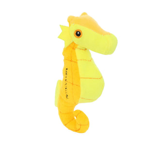 Mighty Jr Ocean Seahorse plush squeaky dog toy in bright yellow and orange