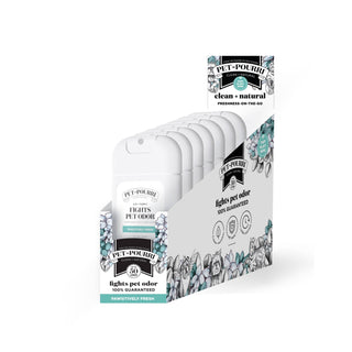 Pet odor freshener 1oz set of 6 white spray bottles with teal accents on display