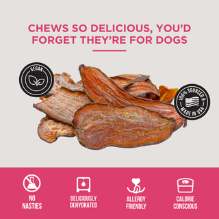 The Only Dehydrated Sweet Potato Chews Dogs Need, orange-brown slices, multiple pieces; brand logo visible
