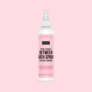 The Only Between Bath Spray Dogs Need Floral & Coconut scent in a pink spray bottle