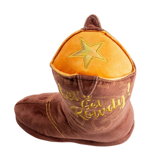 Brown western cowboy boot dog toy with orange interior and yellow star patch.