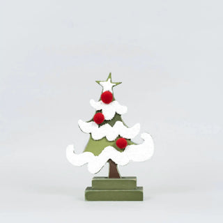 Wood Christmas tree cutout on stand, green with snow and red pom-poms