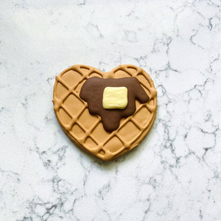 Dapper breakfast menu dog cookie with heart shape, tan waffle pattern, and chocolate bone topper