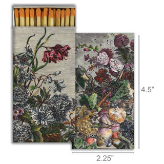 Matches set in a decorative two-panel box with French floral bouquets and fruit still life artwork