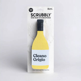 Scrubbly kitchen sponge in bottle-shaped packaging, yellow sponge with Cleano Grigio label.