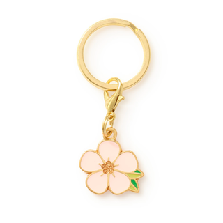Sakura Blossom Collar Charm on gold-tone ring, pink flower with green leaf