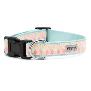 Mermaid-pattern dog collar in pastel pink and turquoise with metal D-ring and plastic buckle