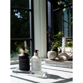 Lucite tray in clear acrylic, Medium; two pump bottles rest on it.