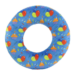 Mighty Ring-Celebration blue donut-style squeaky dog toy with balloons and cupcakes