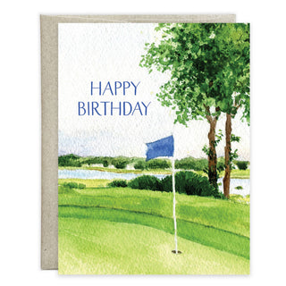 Birthday Greeting Card - Golf; watercolor golf scene with blue flag and green fairways, Happy Birthday, beige envelope