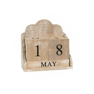 Wooden block calendar desk decor with cloud-shaped topper in natural wood finish showing May