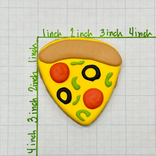 Lunch Menu pizza-slice dog treat cookie with yellow cheese, red pepperoni, green peppers, and black olives