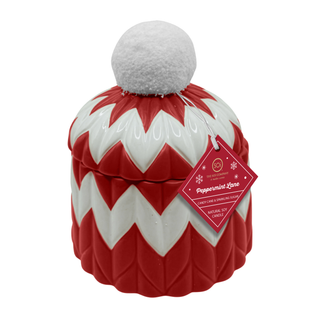 Candles: 10oz Peppermint Lane hand-painted beanie holiday candle with red and white diamond pattern ceramic jar.