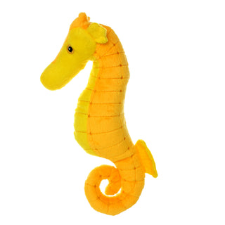 Plush seahorse dog toy, yellow and orange, with squeaker.