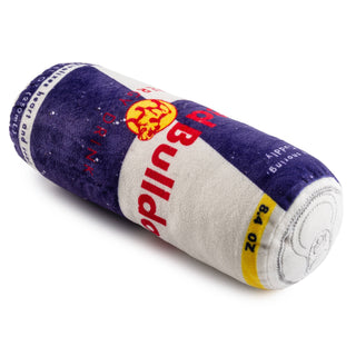 Dapper dog plush toy with Red Bull can design in blue, white and yellow