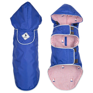 Seattle Slicker Jacket for dogs, blue rain coat with red-and-white striped lining, hood and logo patch.