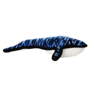 Blue whale plush dog toy with black trim and squeaker