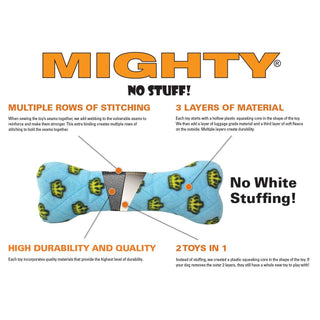 Mighty Ring-Celebration squeaky dog toy, blue bone with pattern, no stuffing, durable two-layer construction.