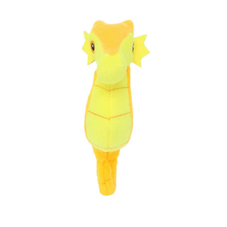 Mighty Jr Ocean Seahorse plush dog toy, yellow with orange accents and squeaker