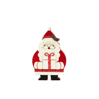 Ornament: chunky wood Santa figure, 4x6 inches, red suit, holding a wrapped gift.