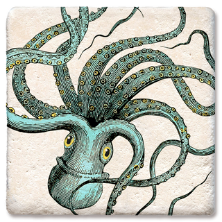Octopus coaster with teal tentacles and yellow suction cups on a beige textured backdrop