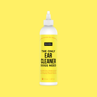 The Only Ear Cleaner Dogs Need spray bottle with bright yellow label by Natural Rapport