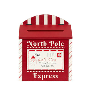 9x12 chunky wooden mailbox Christmas decor, red with white candy-cane trim and North Pole Express label